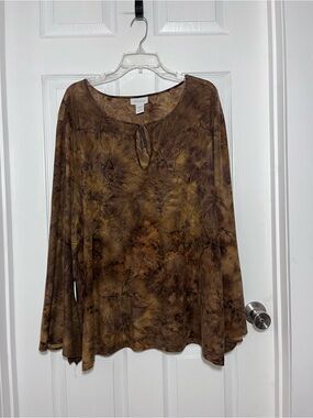 Avenue Brown Tie-Dye Floral Keyhole Long Sleeve Top